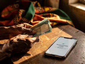 Weathered hands exchanging Tanzanian shilling notes over a wooden table, smartphone showing mobile transfer confirmation beside them.