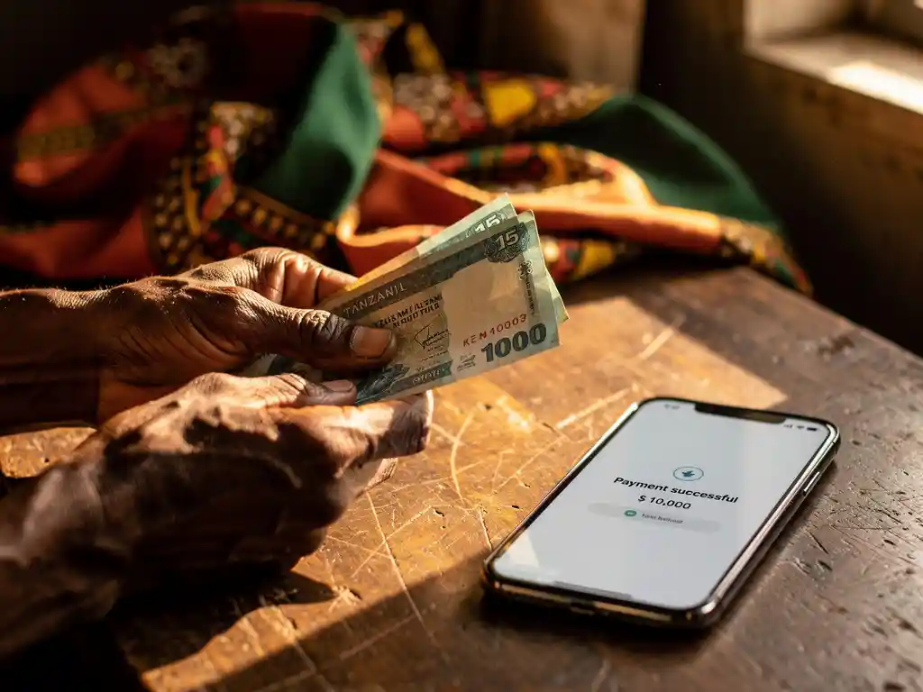 Weathered hands exchanging Tanzanian shilling notes over a wooden table, smartphone showing mobile transfer confirmation beside them.