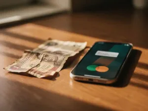 Weathered Tanzanian shilling banknote beside a smartphone showing a mobile payment confirmation on a sunlit wooden surface.