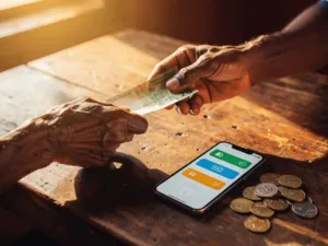 Weathered hands exchanging a folded banknote over a wooden table beside a mobile payment smartphone and Tanzanian shilling coins.