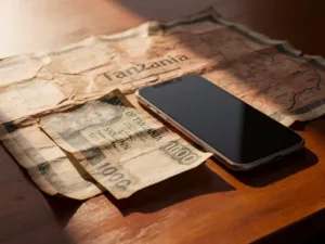 Weathered Tanzanian shilling banknote beside a smartphone on wood, with a faded Tanzania map underneath in warm golden light.