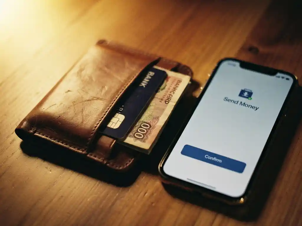Worn leather wallet on wooden surface with Tanzanian shilling note, payment card, and smartphone showing money transfer screen nearby.
