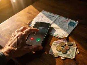 Weathered hand holding a smartphone on an active call beside a handwritten airmail envelope and Tanzanian shillings on a wooden surface.