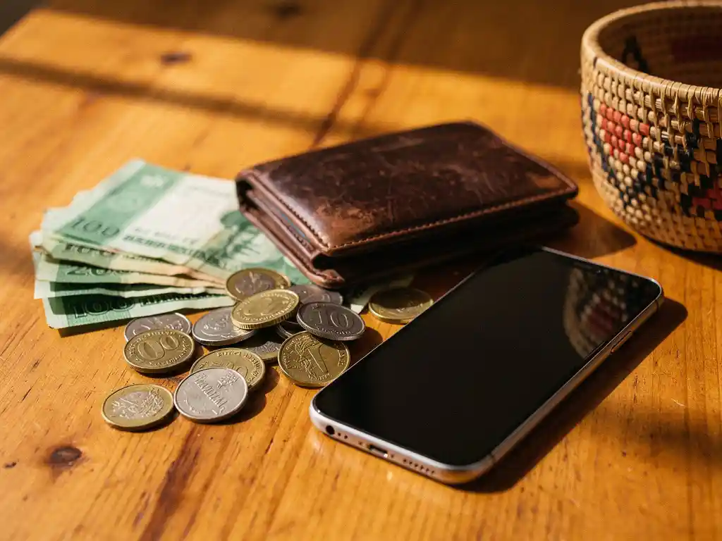 Tanzanian shillings and worn leather wallet beside a smartphone on wooden surface, with a small woven basket in warm afternoon light.