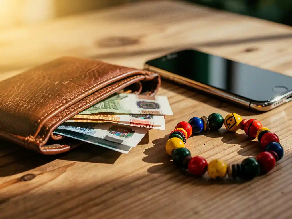 Worn leather wallet open on a sunlit wooden table with euro banknotes, smartphone, and colorful Ugandan craft bead bracelet in warm golden-hour light.