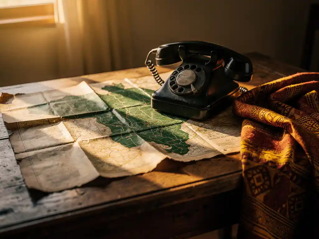 Weathered Uganda map on a wooden desk with a vintage rotary telephone and ochre-patterned African fabric in warm afternoon light.