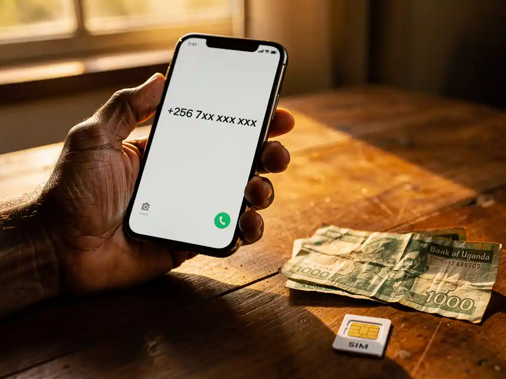 Weathered hand holding a smartphone with a Ugandan mobile number dialed, crumpled Ugandan shilling notes and SIM card on warm wooden surface.