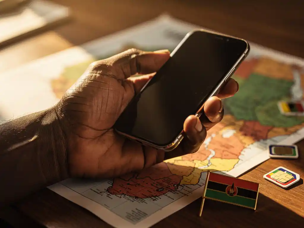 Weathered hand holding a smartphone over a blurred Uganda map on a wooden desk, with scattered SIM cards and a small Ugandan flag pin.