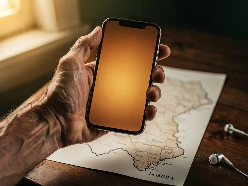 Weathered hand holding a glowing smartphone over a hand-drawn map of Uganda on a wooden desk, with an earphone nearby.