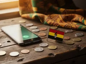 Smartphone mid-call on a weathered wooden desk beside a Ugandan flag pin and scattered international coins, warm kente fabric in the background.