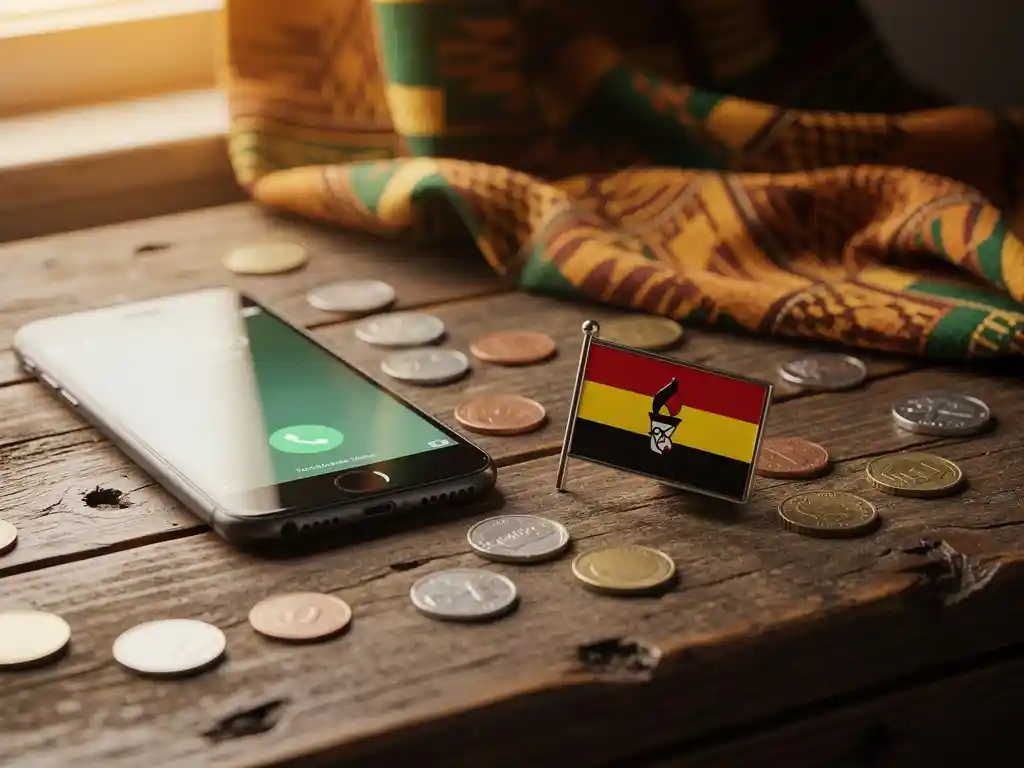 Smartphone mid-call on a weathered wooden desk beside a Ugandan flag pin and scattered international coins, warm kente fabric in the background.