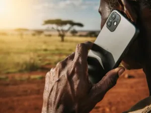 Weathered hand holding a smartphone to ear against a golden Ugandan savanna landscape in warm afternoon light.