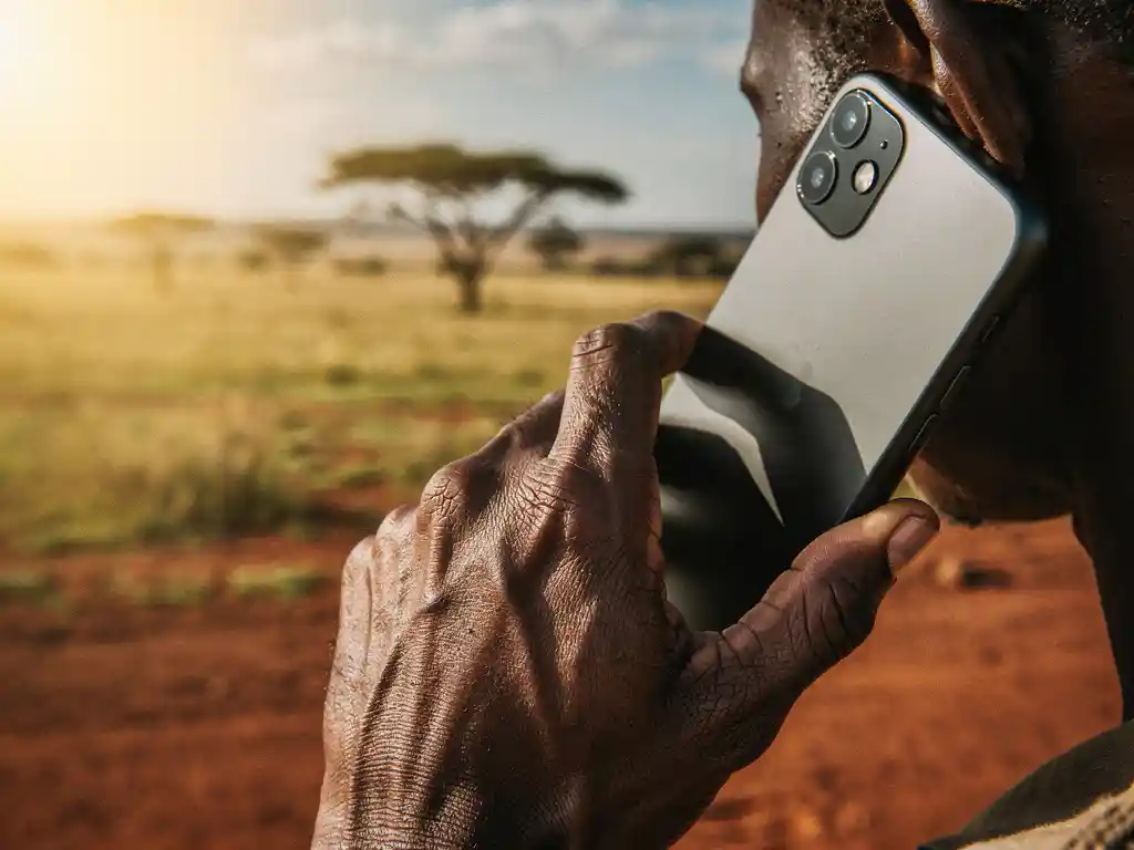 Weathered hand holding a smartphone to ear against a golden Ugandan savanna landscape in warm afternoon light.