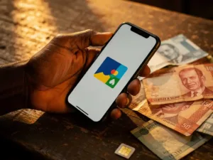Weathered hand holding a smartphone with mobile payment interface, surrounded by Ugandan shilling notes and a SIM card on worn wood.