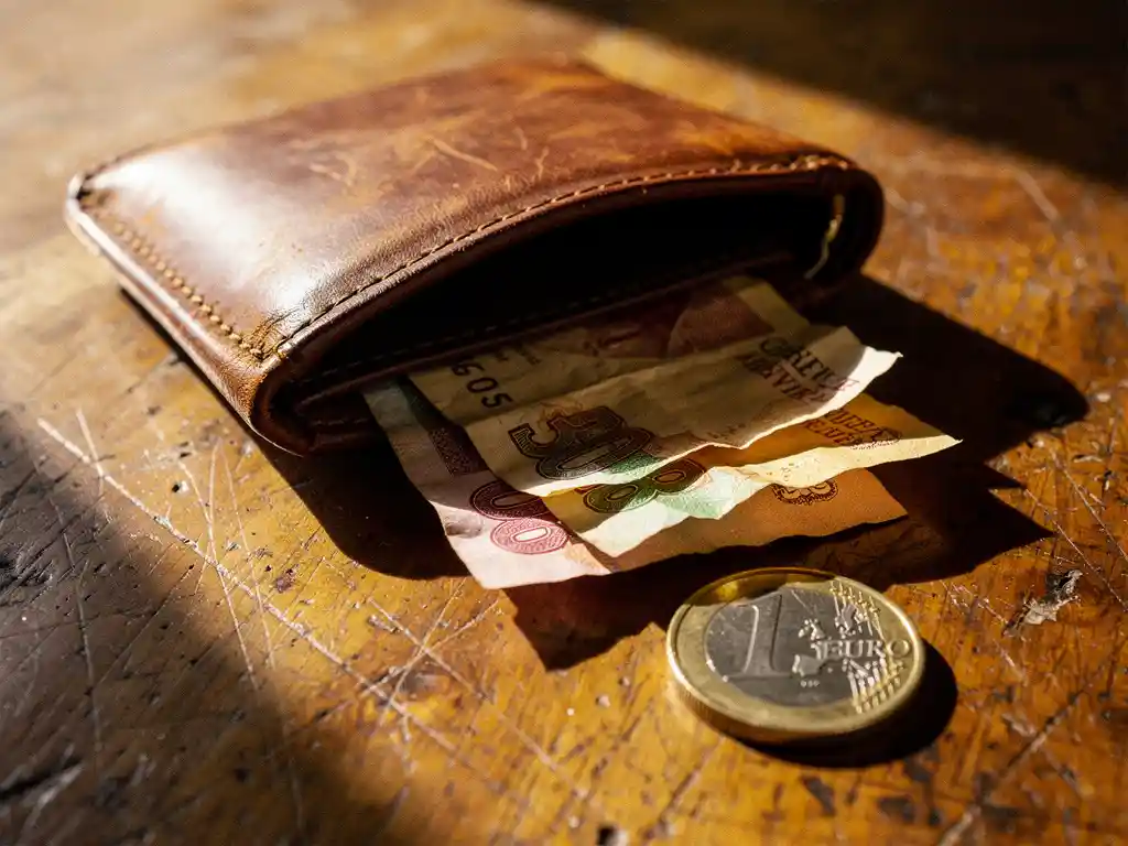 Worn leather wallet open on rustic wood with crumpled Ugandan shilling notes and a single euro coin in warm amber light.