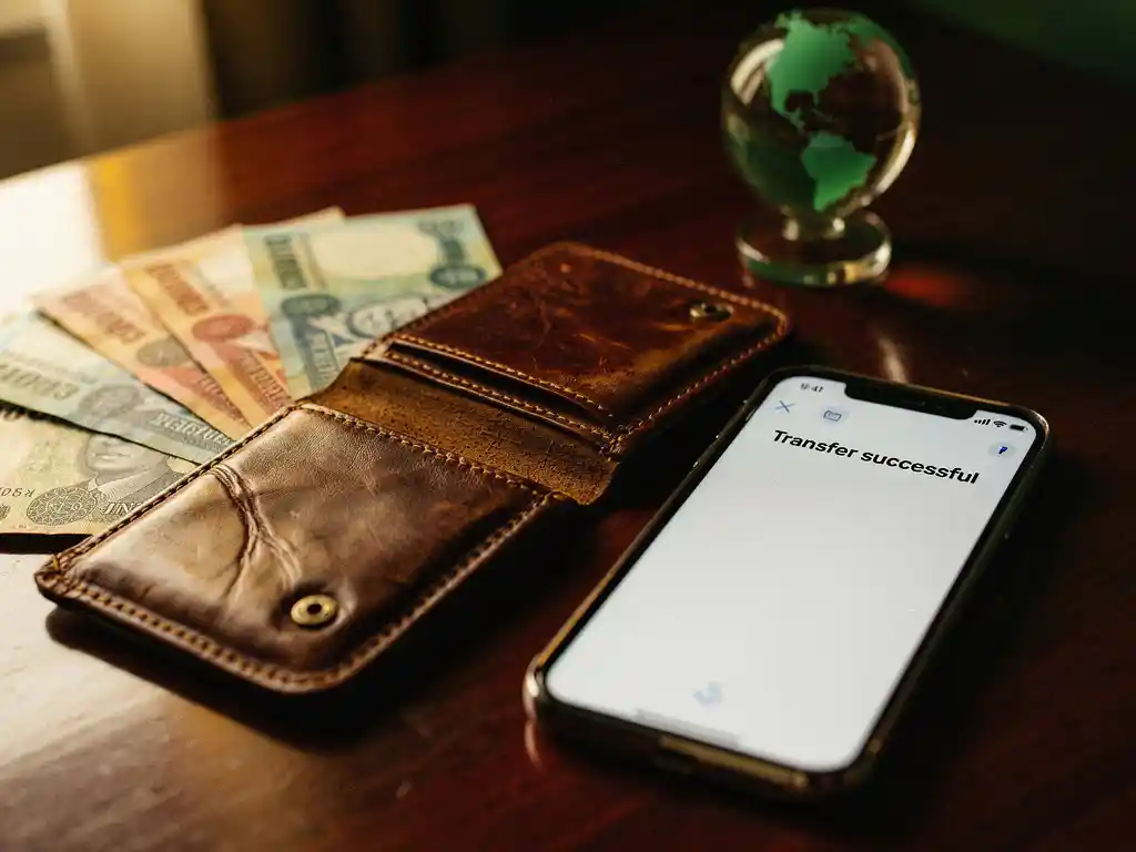 Worn leather wallet open on polished wood beside fanned Ugandan shilling notes and a smartphone showing a money transfer notification.
