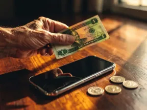 Weathered hand holding a Ugandan shilling note over a smartphone, with scattered coins on a warm wooden surface in soft afternoon light.