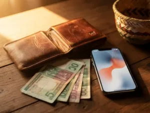 Worn leather wallet open beside fanned Ugandan shilling notes, smartphone, and woven basket on sunlit wooden table.