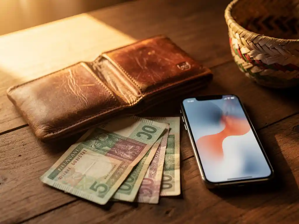 Worn leather wallet open beside fanned Ugandan shilling notes, smartphone, and woven basket on sunlit wooden table.