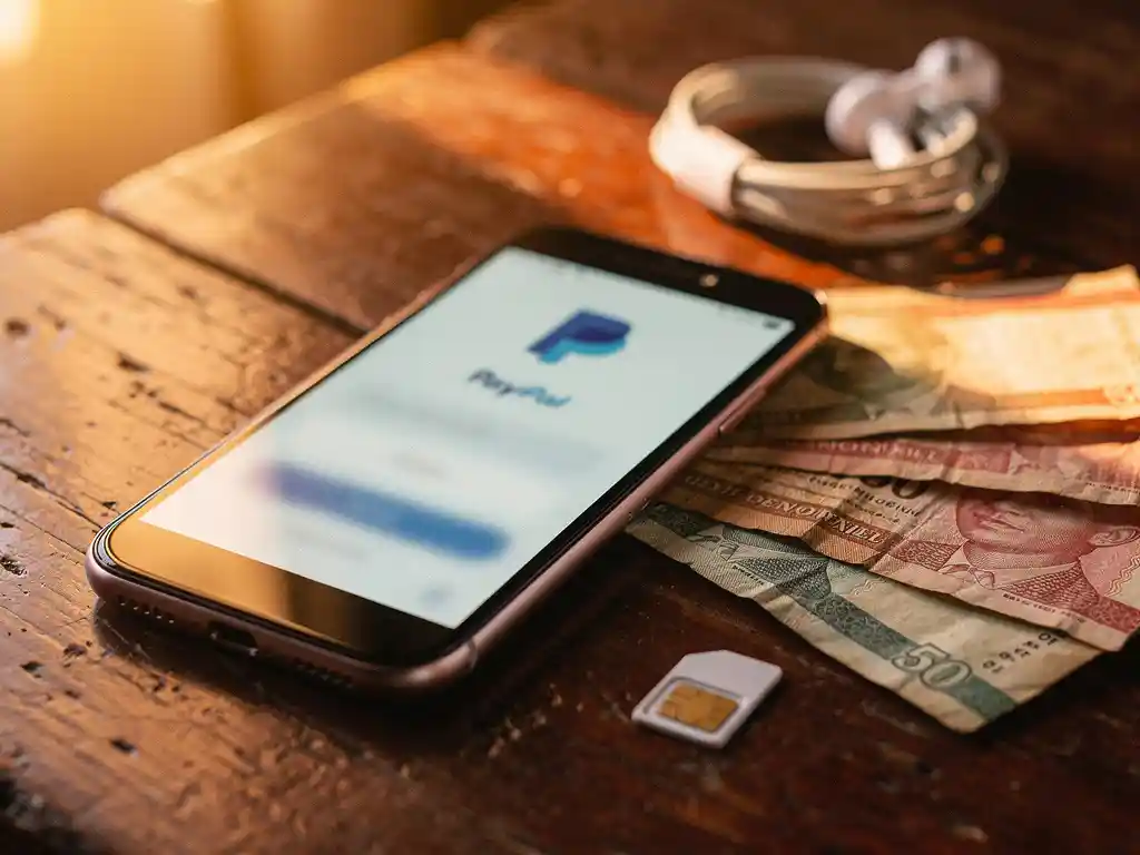 Smartphone showing PayPal login screen on a wooden surface beside Ugandan shilling banknotes, SIM card, and earphones in warm afternoon light.