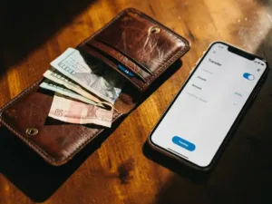 Worn leather wallet open beside US dollars, a Nigerian naira note, and a smartphone showing an international transfer screen on a wooden surface.