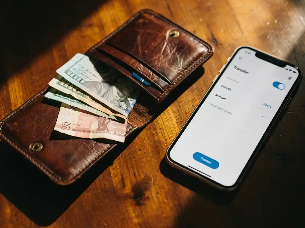 Worn leather wallet open beside US dollars, a Nigerian naira note, and a smartphone showing an international transfer screen on a wooden surface.