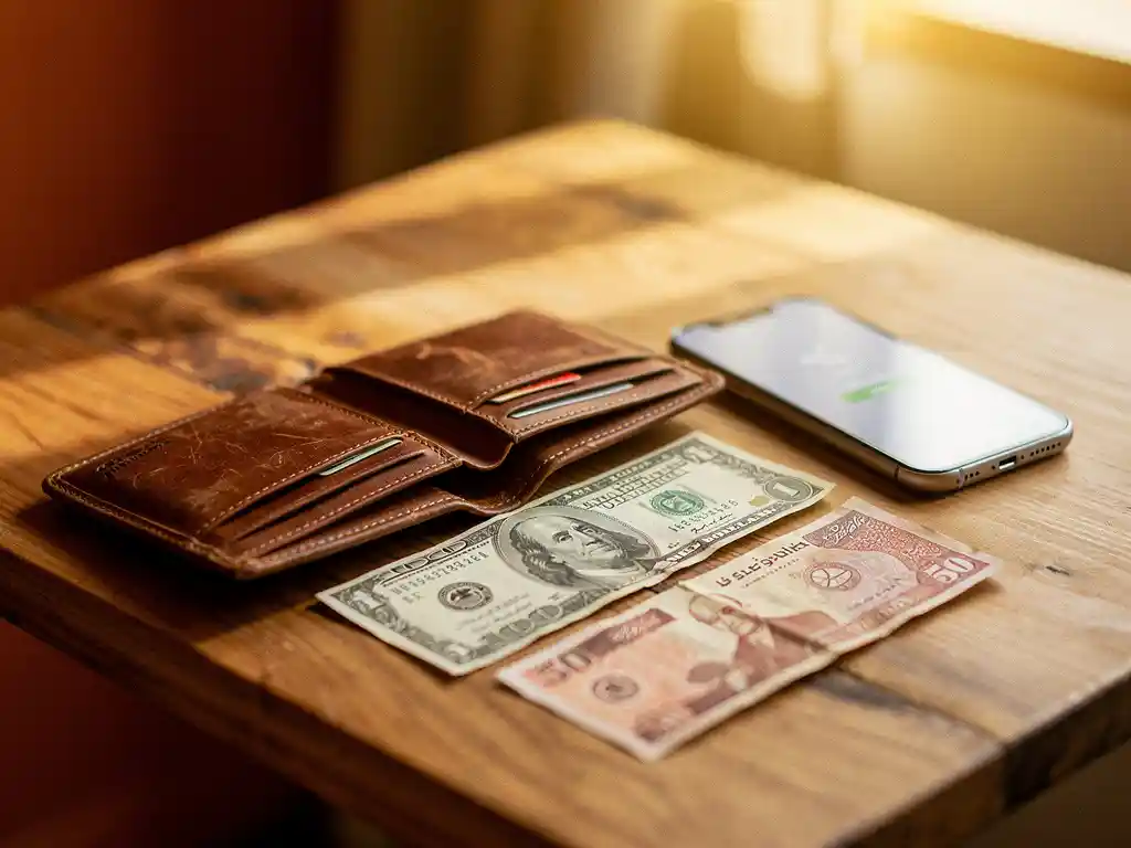 Worn leather wallet open on a wooden table beside a US dollar bill, Egyptian pound note, and smartphone displaying a money transfer screen.