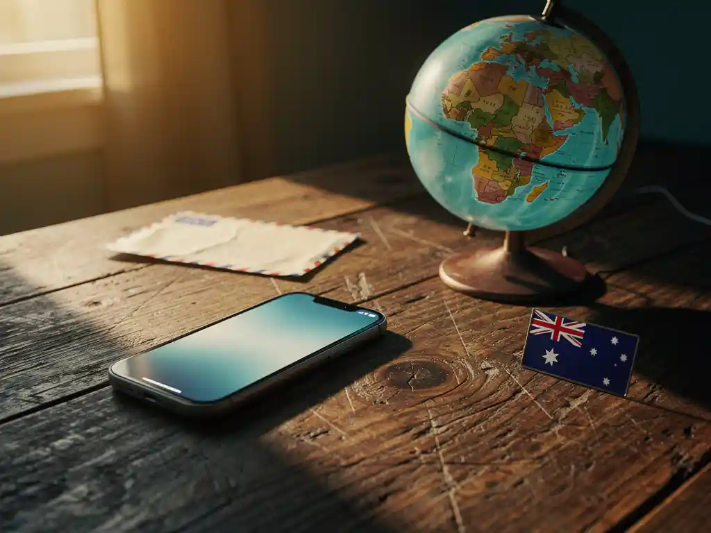 Weathered wooden desk with smartphone mid-call, worn globe showing Africa and Australia, airmail envelope, and Australian flag pin in warm amber light.