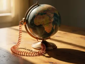 Weathered globe centered on Africa and Australia connected by a glowing copper telephone cord on a sunlit wooden desk.