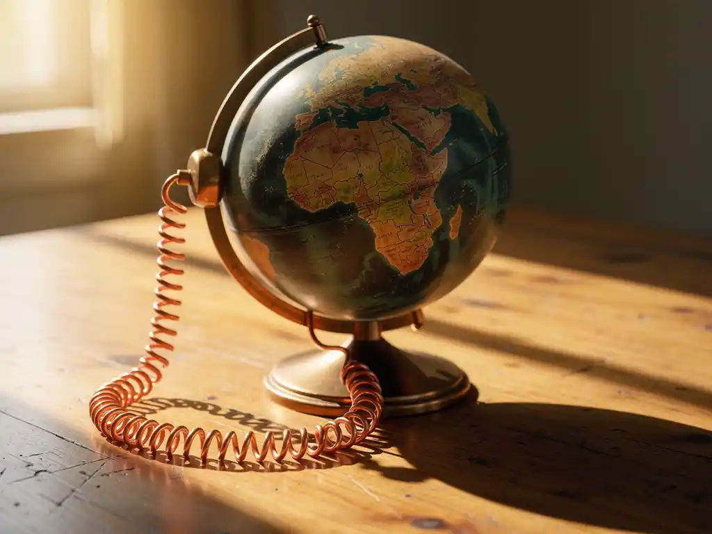 Weathered globe centered on Africa and Australia connected by a glowing copper telephone cord on a sunlit wooden desk.