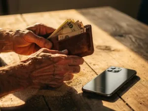 Weathered hands opening a worn leather wallet with banknotes inside, mobile phone on sandy wooden surface in warm golden light.