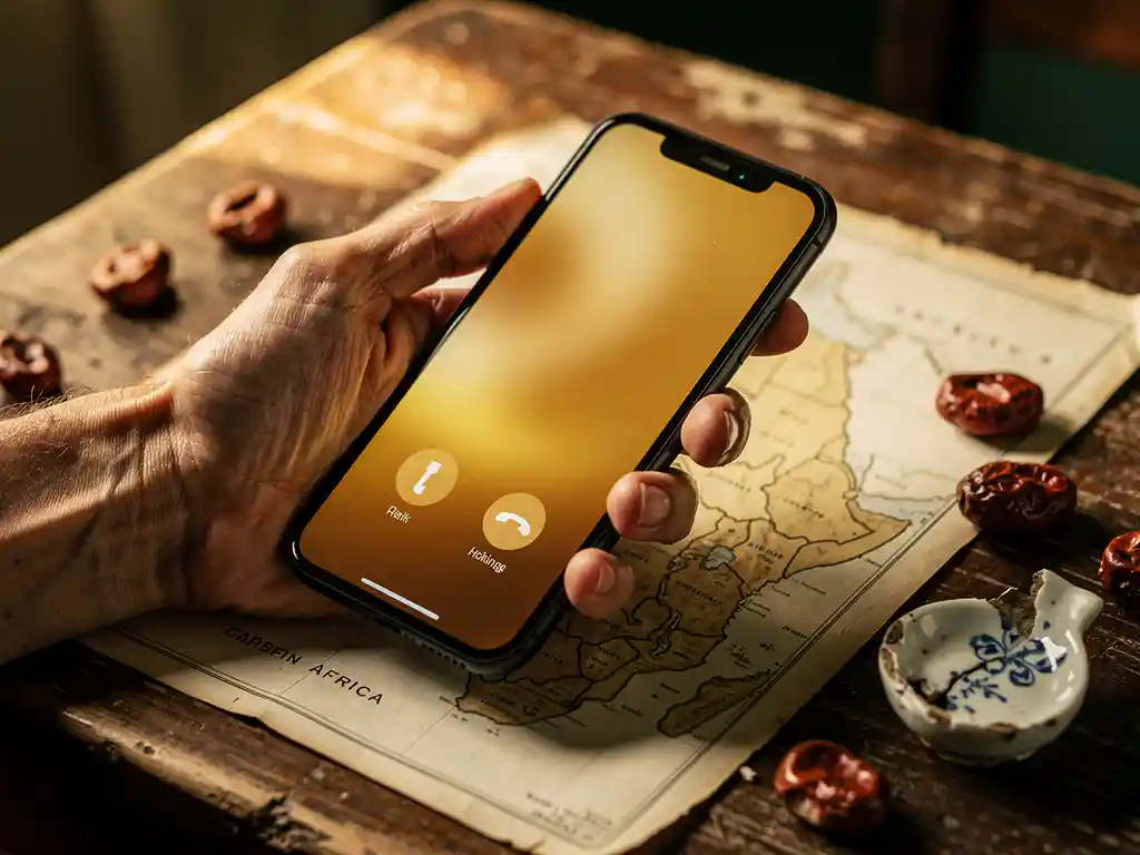 Weathered hand holding a smartphone on a call, resting over a hand-drawn Africa map with kola nuts and Dutch ceramic in warm golden light.