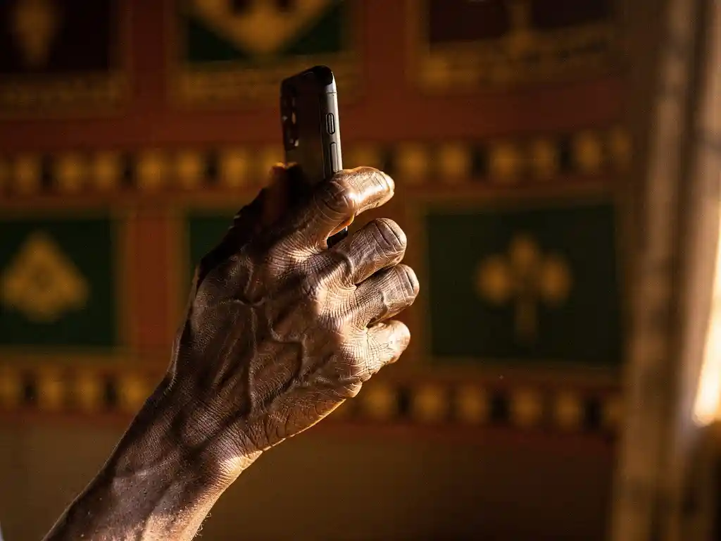 Weathered hand holding a smartphone to the ear in warm afternoon light, with African textile patterns visible in a blurred home interior background.