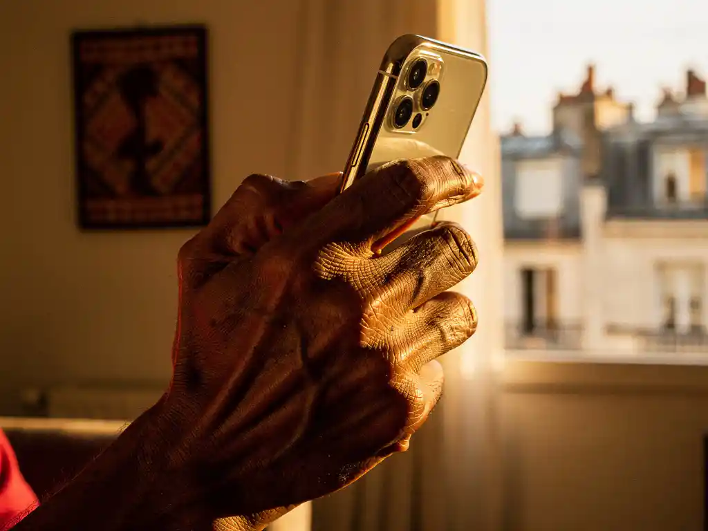 Weathered dark-skinned hand holding a smartphone to the ear, warm amber light, European apartment window with city rooftops softly blurred behind.