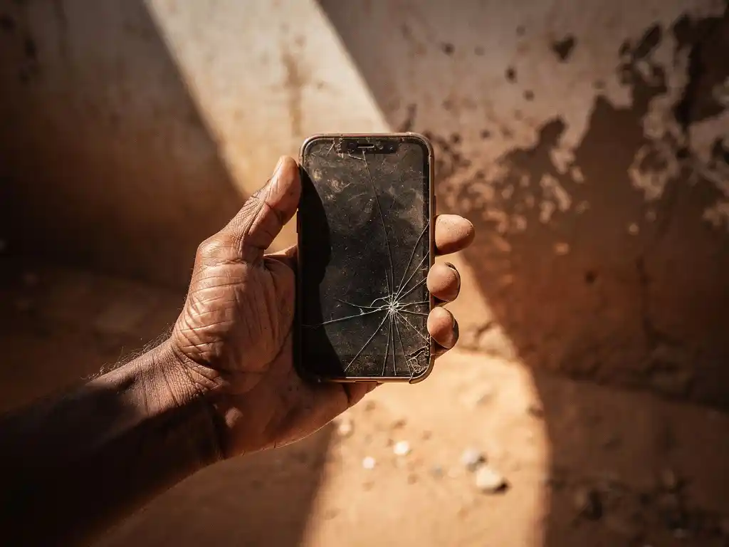 Weathered hand holding a cracked, unresponsive smartphone on a dusty Eritrean street, afternoon sunlight cutting across a peeling concrete wall.
