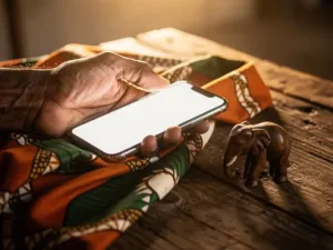 Weathered hand holding a smartphone over vibrant kanga fabric beside a carved wooden elephant in warm golden light.