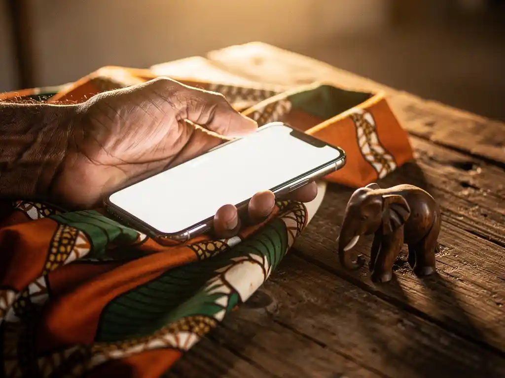 Weathered hand holding a smartphone over vibrant kanga fabric beside a carved wooden elephant in warm golden light.