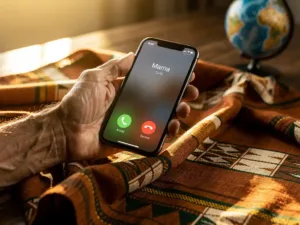Weathered hand holding a smartphone with an incoming call over African kente fabric on wood, globe in background, warm golden light.