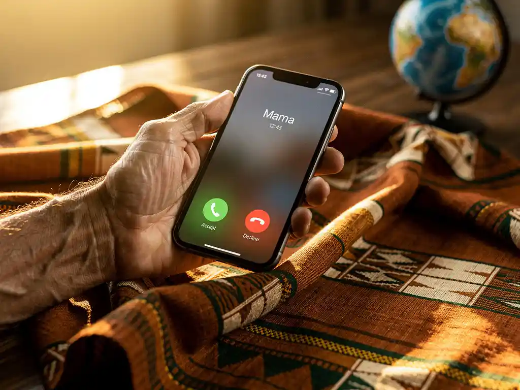 Weathered hand holding a smartphone with an incoming call over African kente fabric on wood, globe in background, warm golden light.