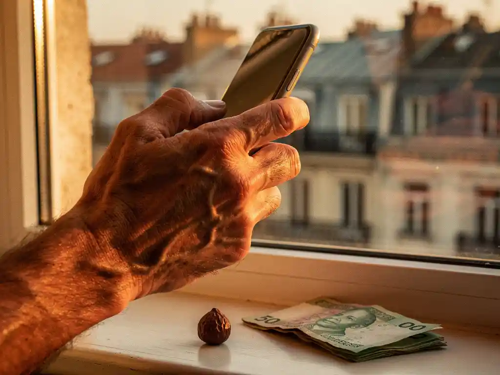 Weathered hand holding smartphone to ear at golden-hour window, kola nut and folded naira notes on sill, blurred European cityscape behind.
