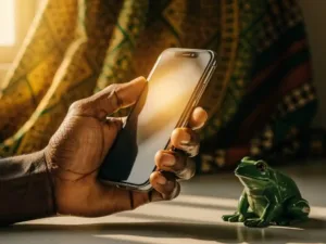 Weathered hand holding a glowing smartphone beside a small green frog figurine, Nigerian fabric and golden afternoon light in the background.