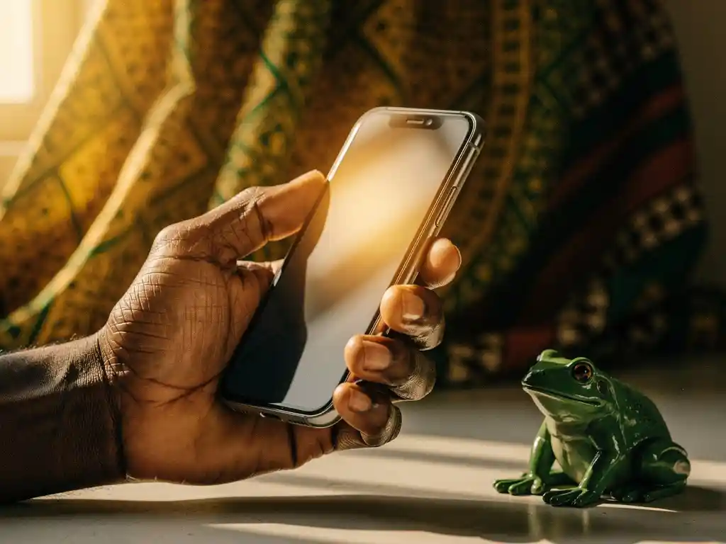 Weathered hand holding a glowing smartphone beside a small green frog figurine, Nigerian fabric and golden afternoon light in the background.