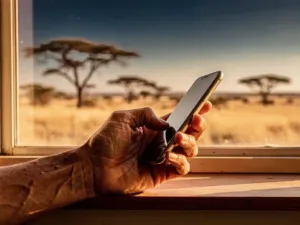 Weathered hand holding a smartphone near a sunlit window overlooking a Tanzanian savanna with acacia trees on the horizon.