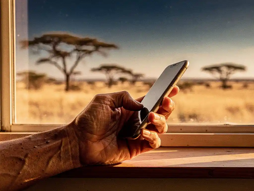 Weathered hand holding a smartphone near a sunlit window overlooking a Tanzanian savanna with acacia trees on the horizon.