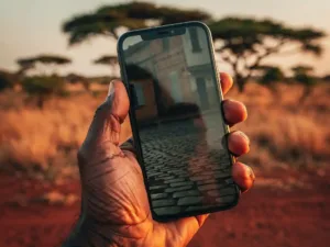 Weathered hand holding a smartphone to the ear in Uganda's golden savanna light, with a faint European cobblestone reflection in the screen.