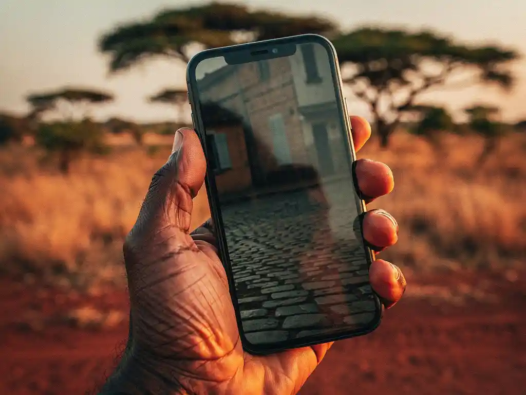 Weathered hand holding a smartphone to the ear in Uganda's golden savanna light, with a faint European cobblestone reflection in the screen.