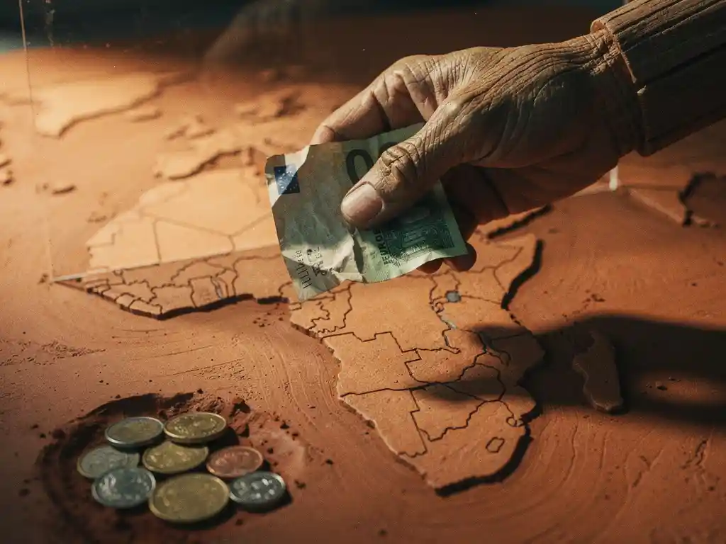 Weathered hand clutching a crumpled euro banknote blocked by an invisible barrier above a terracotta map of Africa with scattered coins.