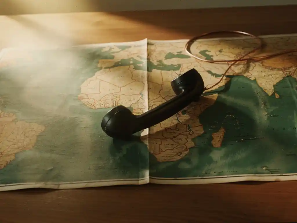 Weathered African map on a wooden desk with a vintage telephone handset and copper wire stretching toward Europe in warm amber light.