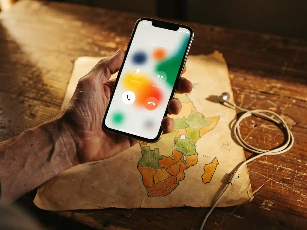 Weathered hand holding a smartphone on an active call over a hand-drawn map of Africa, with a coiled earphone on a worn wooden surface.