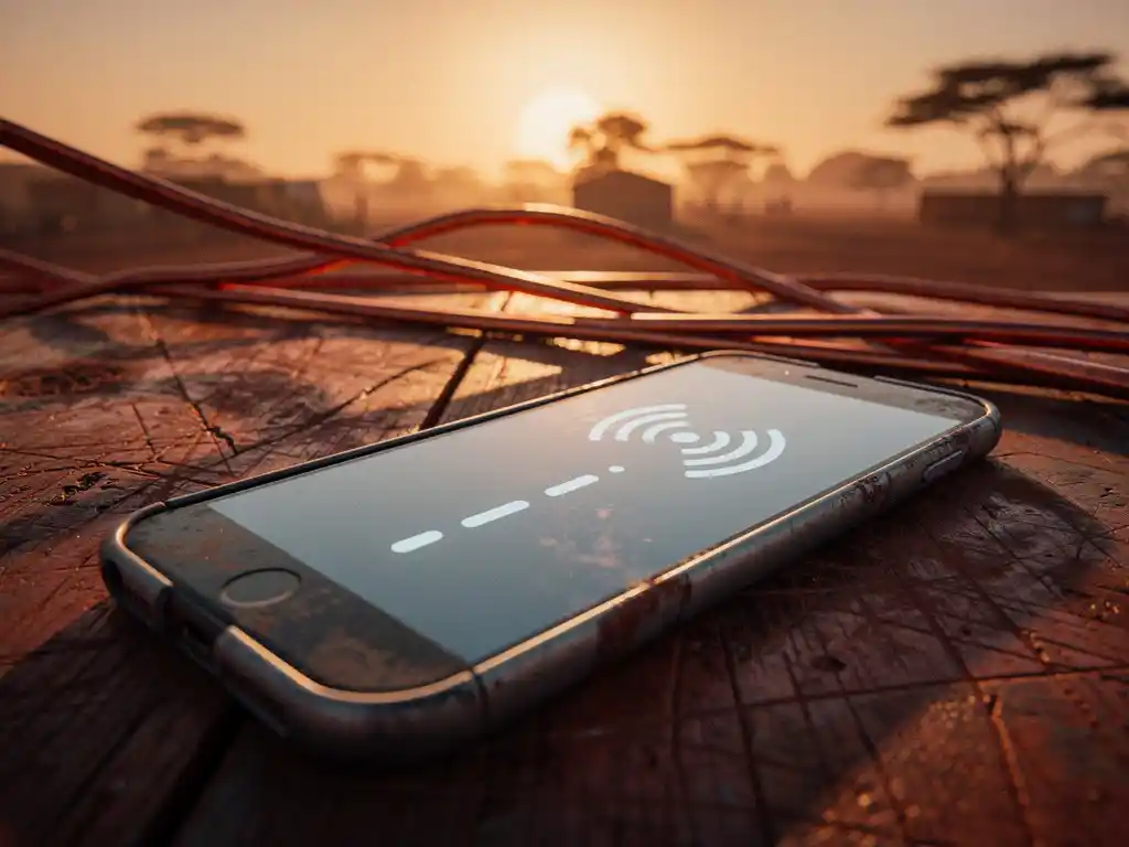 Weathered smartphone with fading signal bars on worn wood, tangled copper wires stretching toward an African sunset horizon.